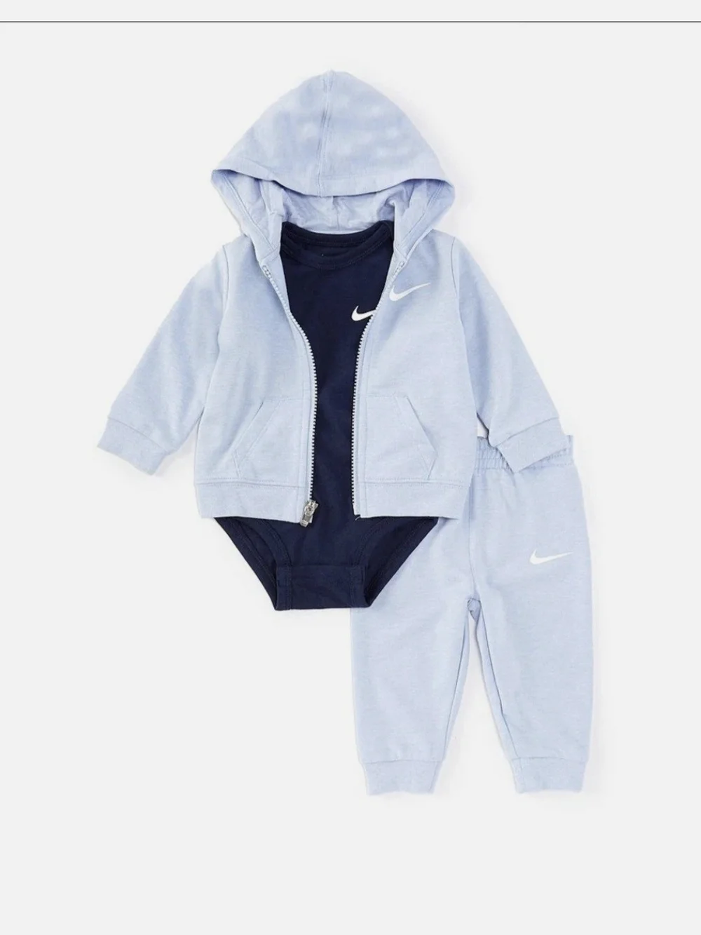 NWT Nike 3-Piece Set Light Blue Hoodie + Joggers with Navy Tee Bodysuit - 6M